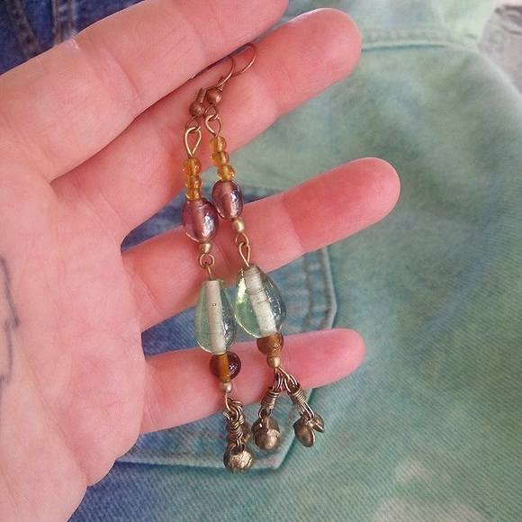 ❤ Artisan Glass Gyspy Duster 4" long Brass Bronze Earrings - Picture 3 of 4